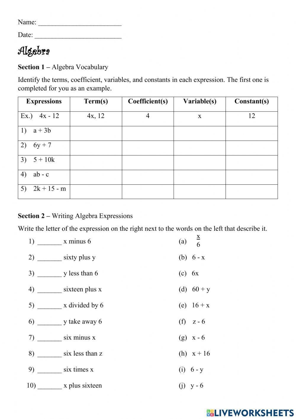 Algebra Vocabulary Crossword Puzzle Worksheets Library