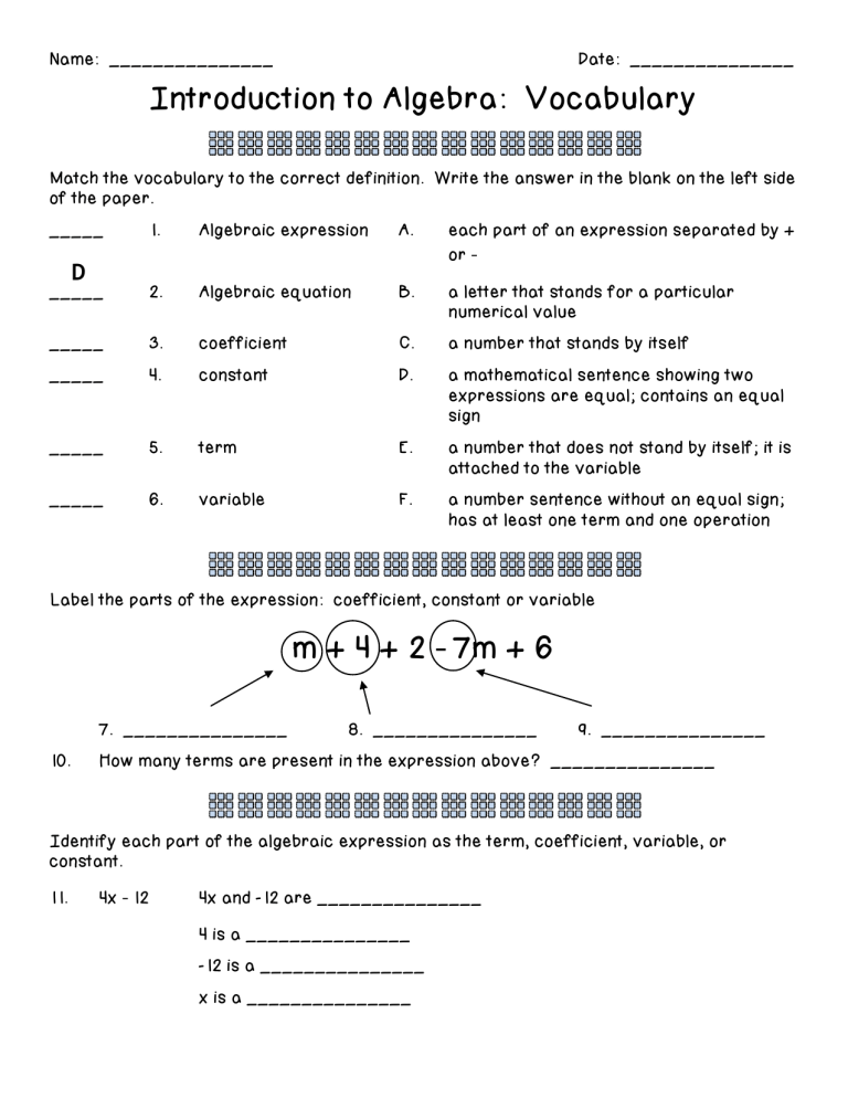Algebra Vocabulary Worksheet