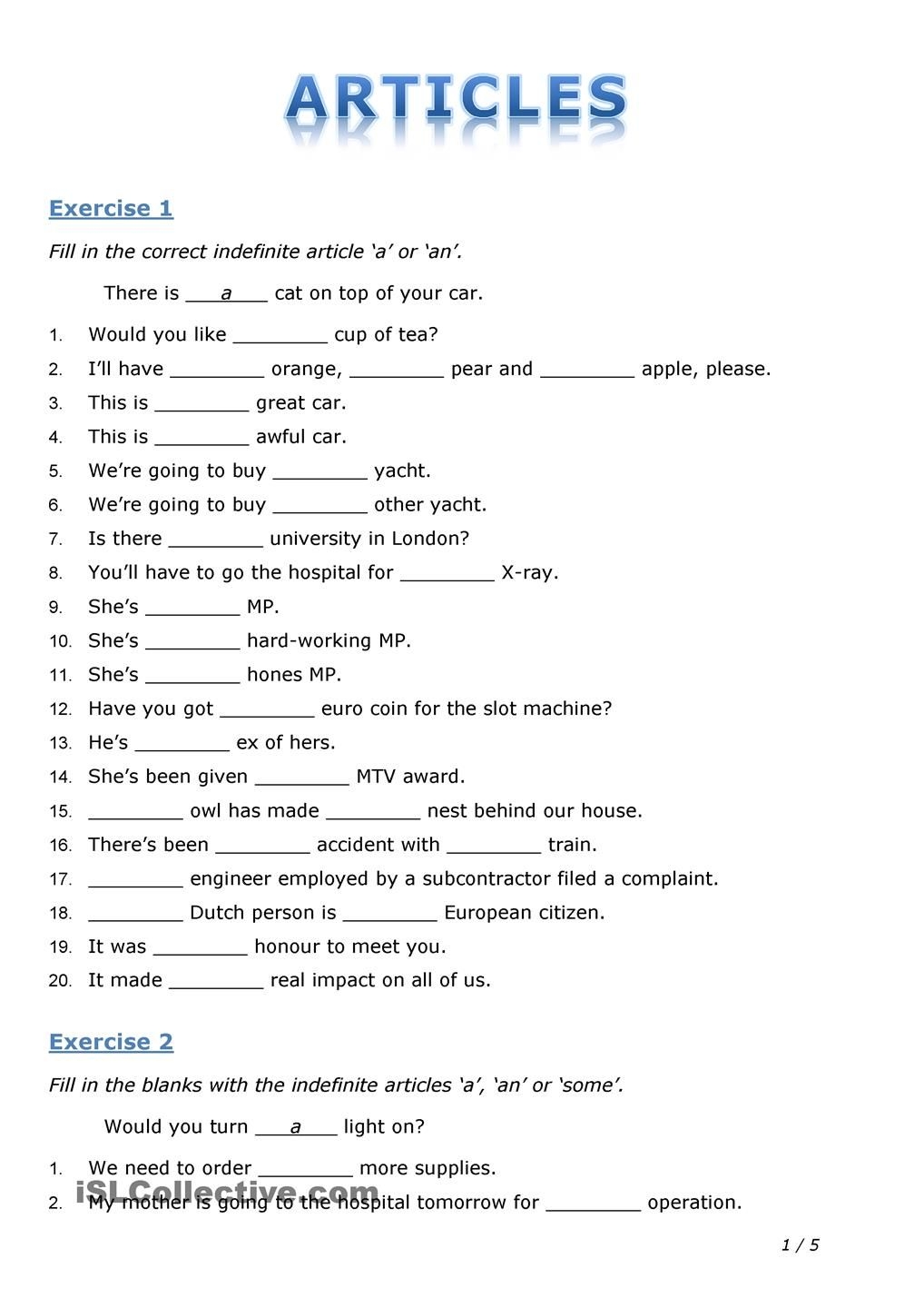 Articles Grammar Worksheets For Grade 4