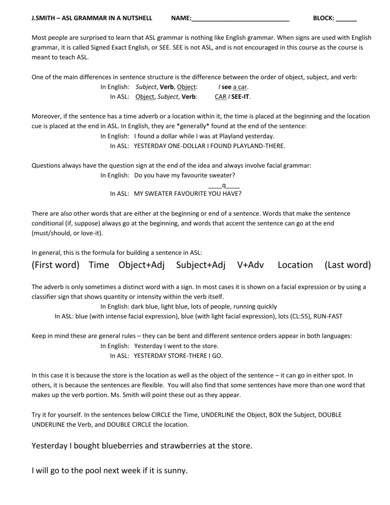 ASL Grammar Worksheet