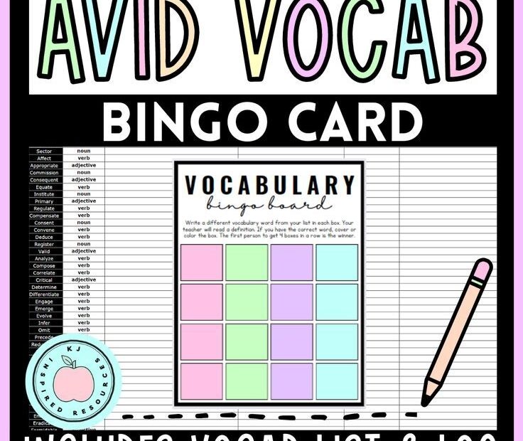 AVID ACT SAT Test Prep Vocabulary Bingo Board Vocabulary Words