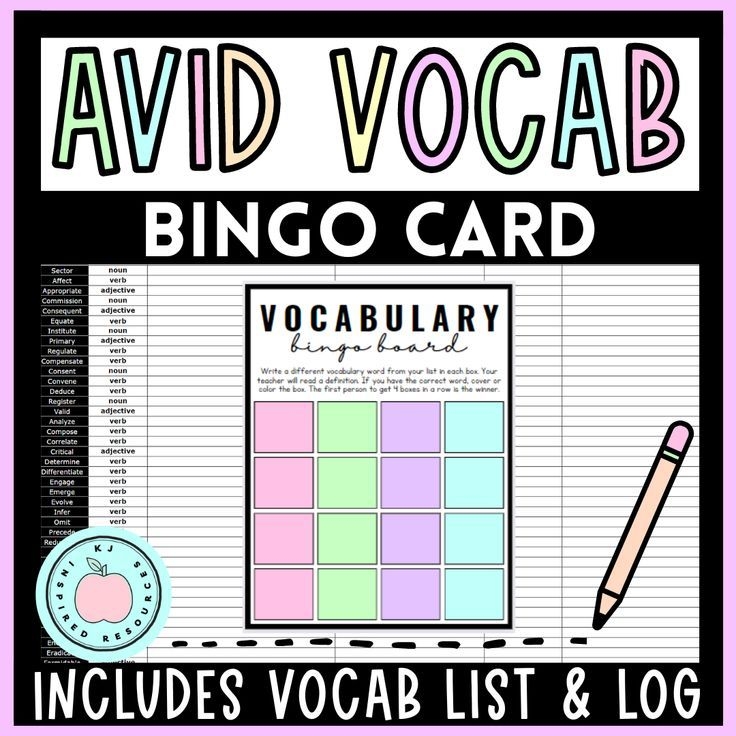 AVID ACT SAT Test Prep Vocabulary Bingo Board Vocabulary Words 