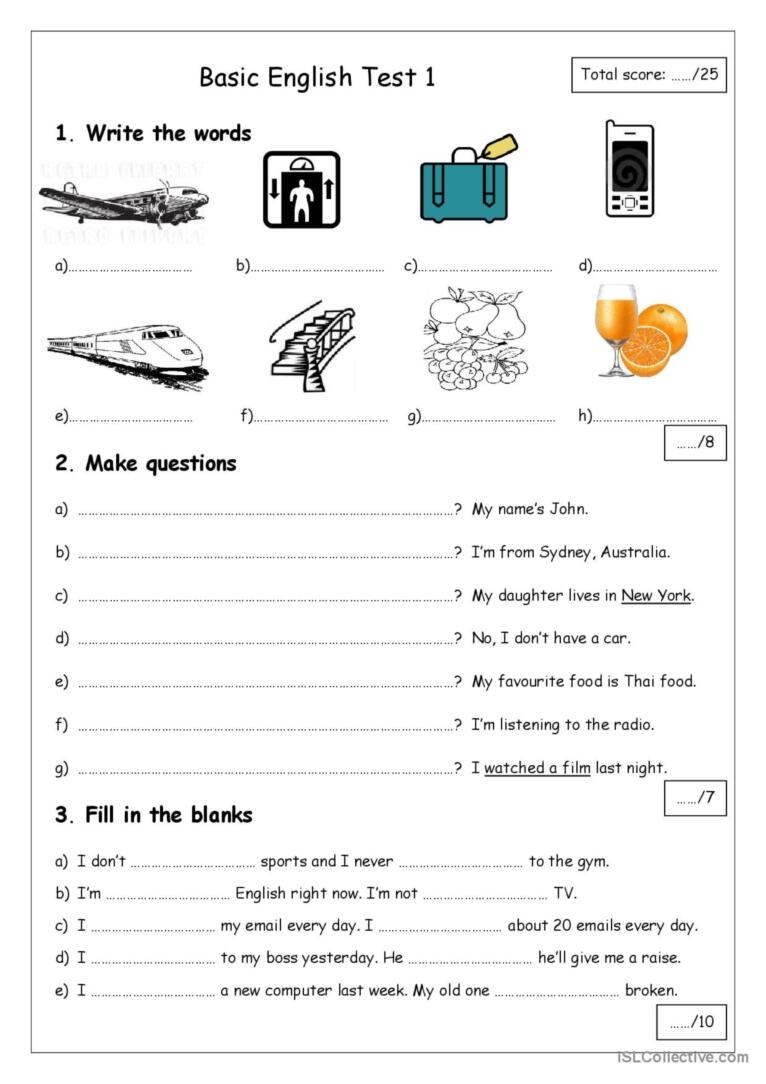 Basic English Test 1 English ESL Worksheets Pdf Doc