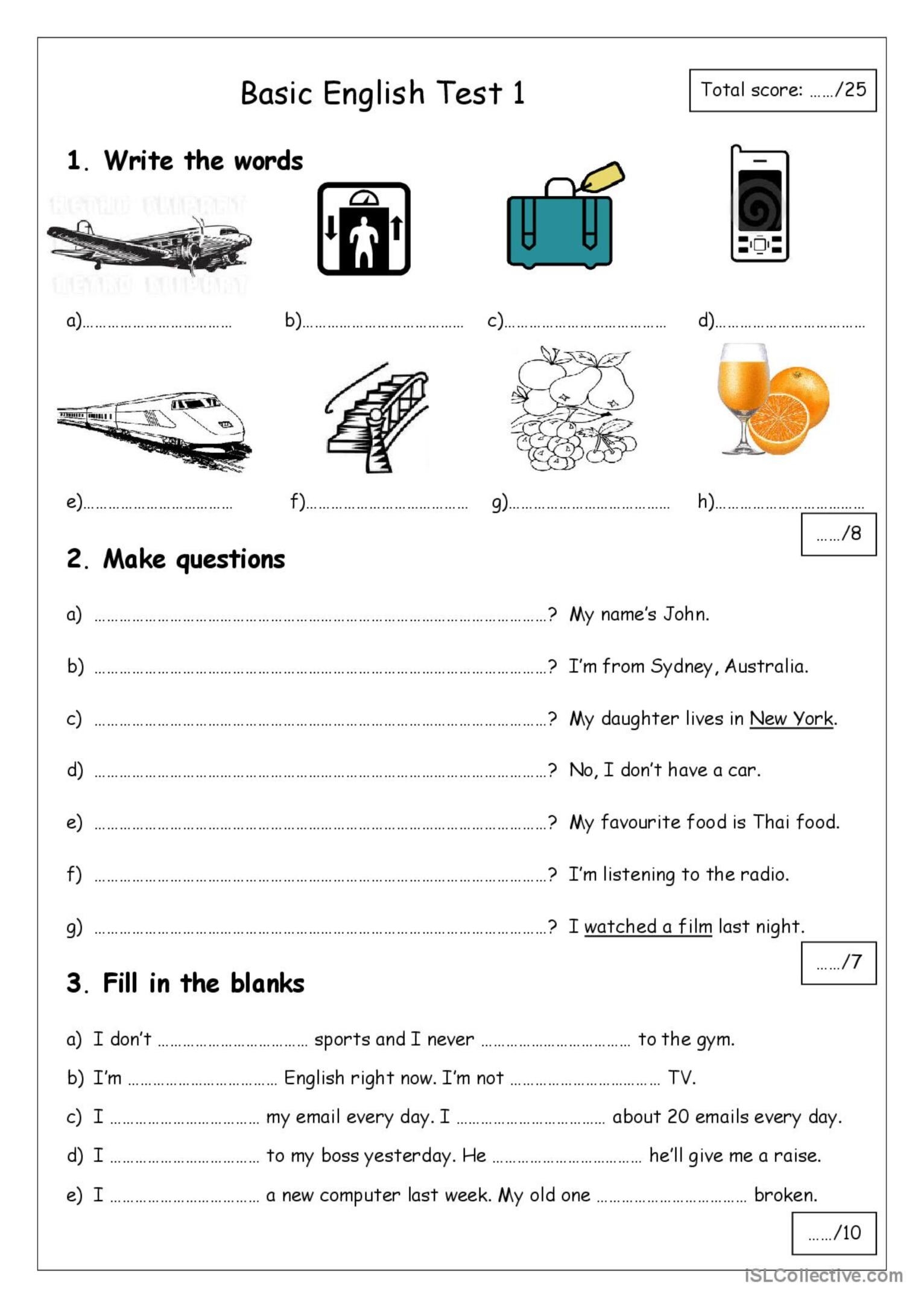 Basic English Test 1 English ESL Worksheets Pdf Doc