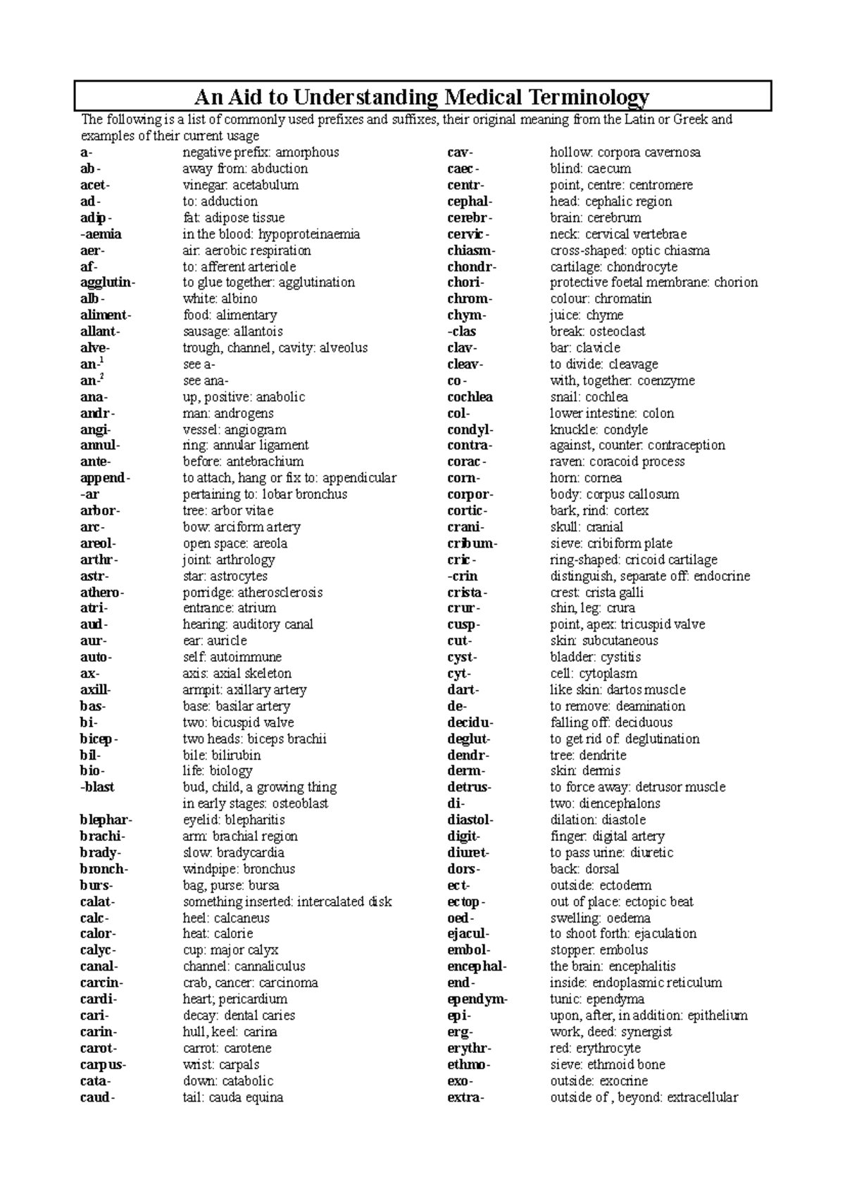 Basic Medical Terminology List Pdf
