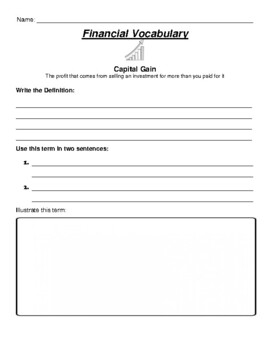 Capital Gain Vocabulary Term UDL Worksheet Financial Literacy 