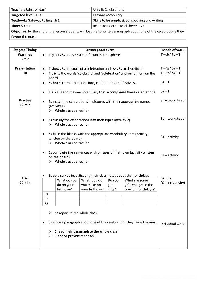 Celebrations Vocabulary Lesson Plan 1st Bac Lesson Plan