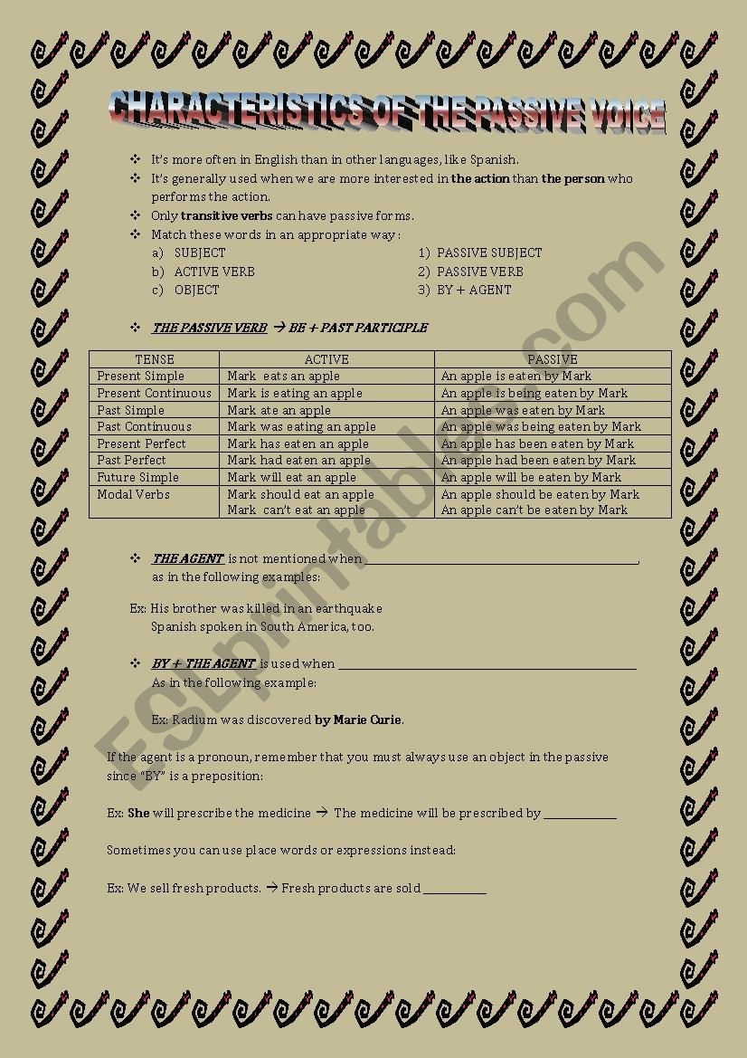 CHARACTERISTICS OF THE PASSIVE VOICE ESL Worksheet By Pilarnavarro