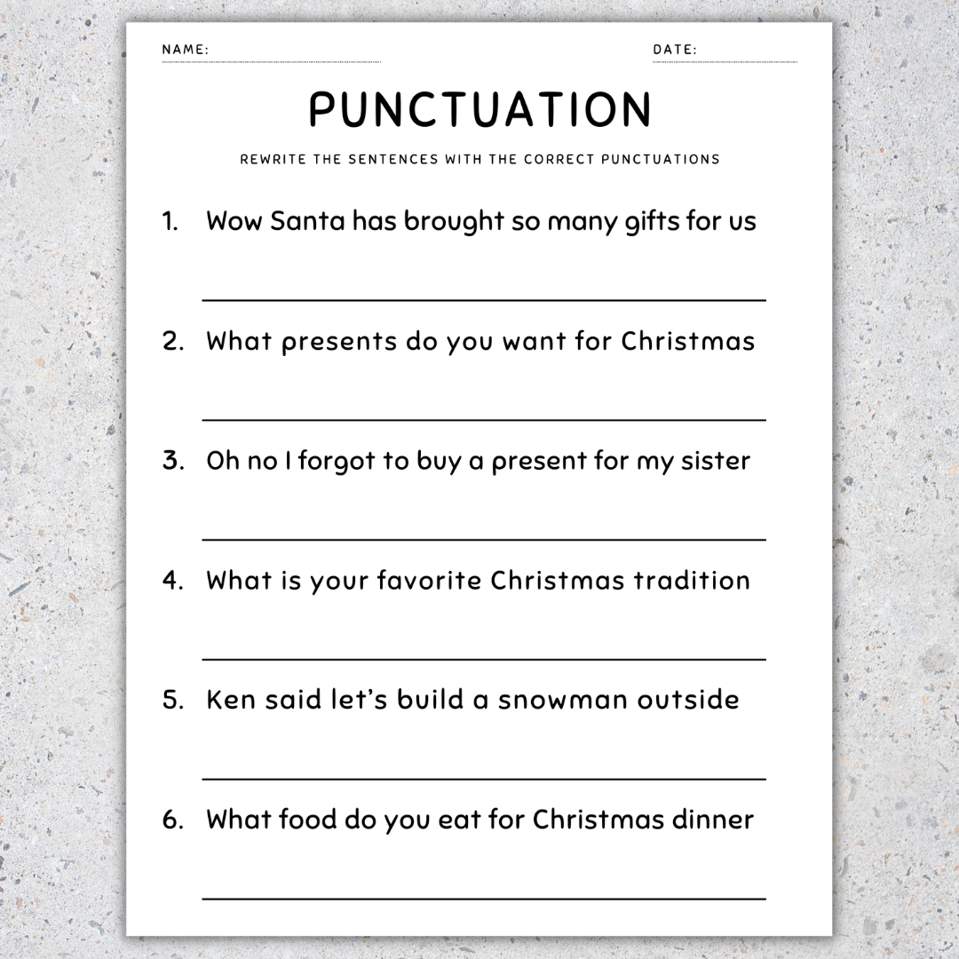 Christmas Punctuation Worksheets Fix The Sentences Grammar Practice 