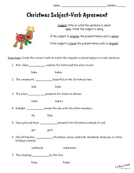 Christmas Subject Verb Agreement Worksheet With Answer Key TPT