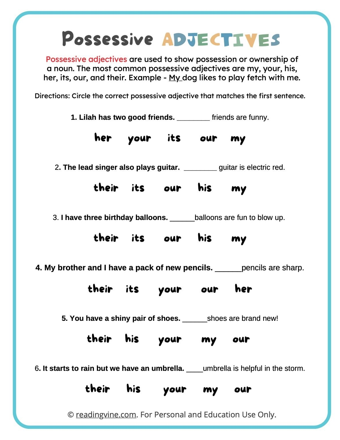 Circle The Possessive Adjectives Worksheet image ReadingVine