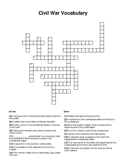 Civil War Vocabulary Crossword Puzzle Worksheets Library