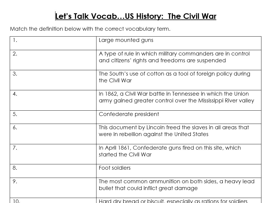 Civil War Vocabulary Worksheet EnglishBix Worksheets Library
