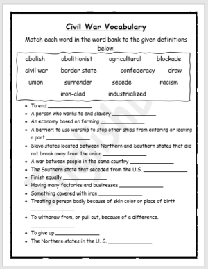 Civil War Vocabulary Worksheet EnglishBix