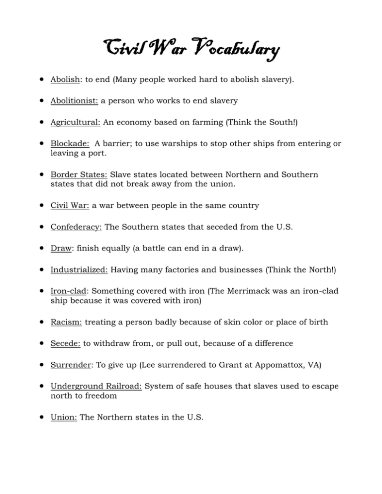 Civil War Word Wall Teach Starter Worksheets Library