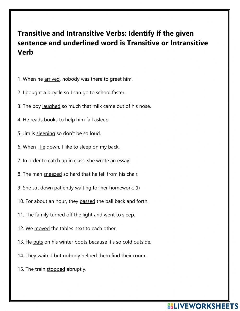 Class VII Englsih Worksheet Transitive Intransitive Verbs Fill 