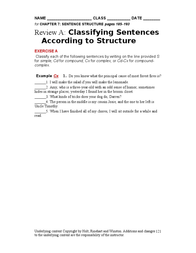 Classifying Sentence Structure PDF Worksheets Library