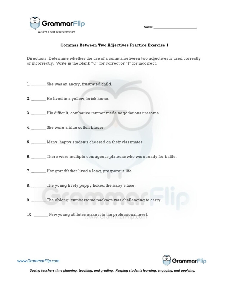 Commas Between Two Adjectives Free Worksheet Adjectiveworksheets
