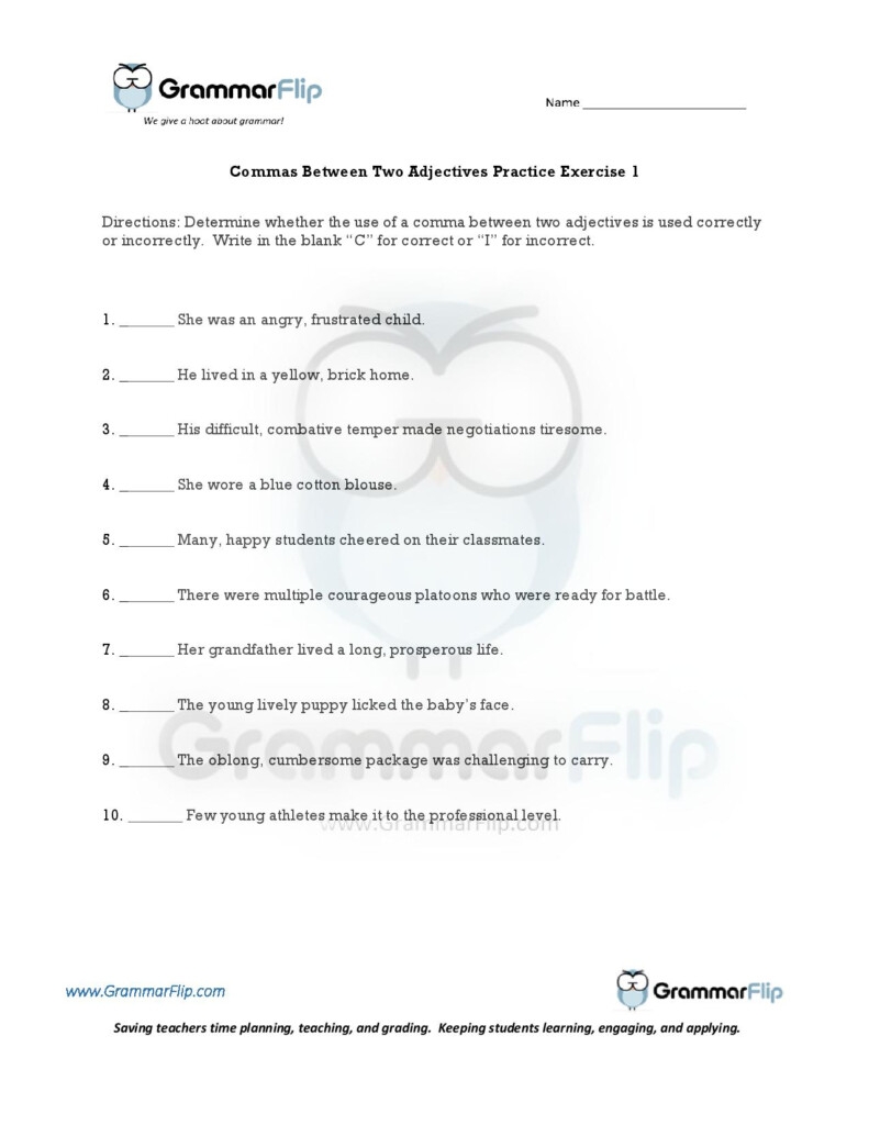 Commas Between Two Adjectives Free Worksheet Adjectiveworksheets