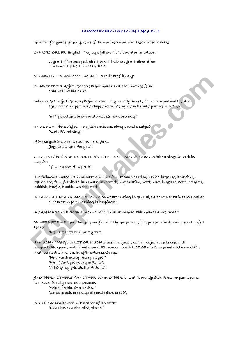 Common Mistakes In English ESL Worksheet By Neusferris