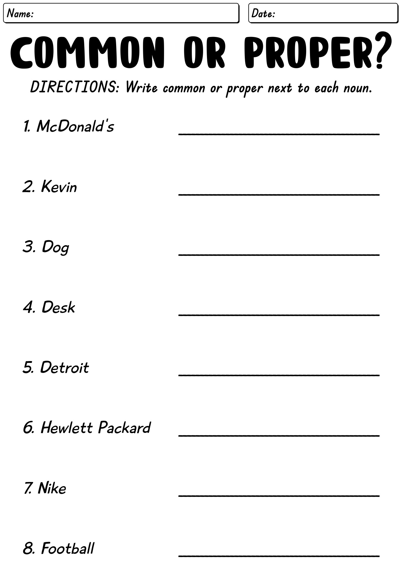 Common Noun And Proper Noun Worksheet Grade 1