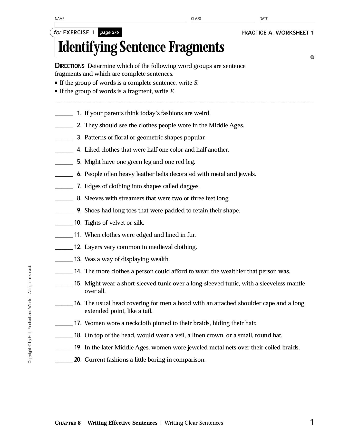 Complete Sentence And Fragment Worksheet