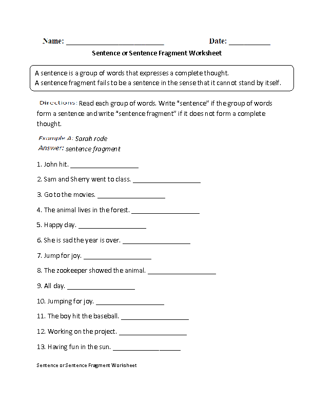 complete sentence or fragment worksheet