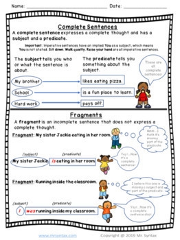 Complete Sentences Vs Fragments Worksheets And Assessment By Mister Syntax