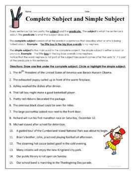 Complete Subject And Simple Subject Grammar Worksheet By HappyEdugator