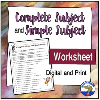 Complete Subject And Simple Subject Grammar Worksheet With Easel Activity
