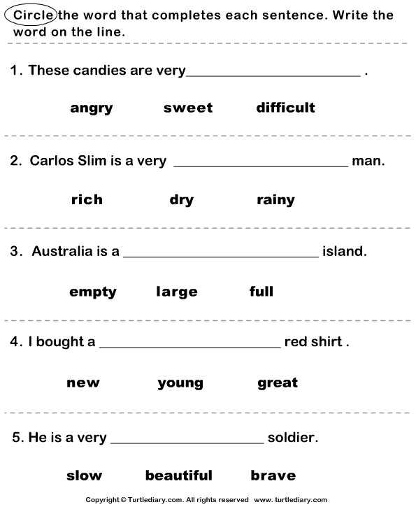 Complete The Sentence With Correct Adjective Worksheet Turtle Diary