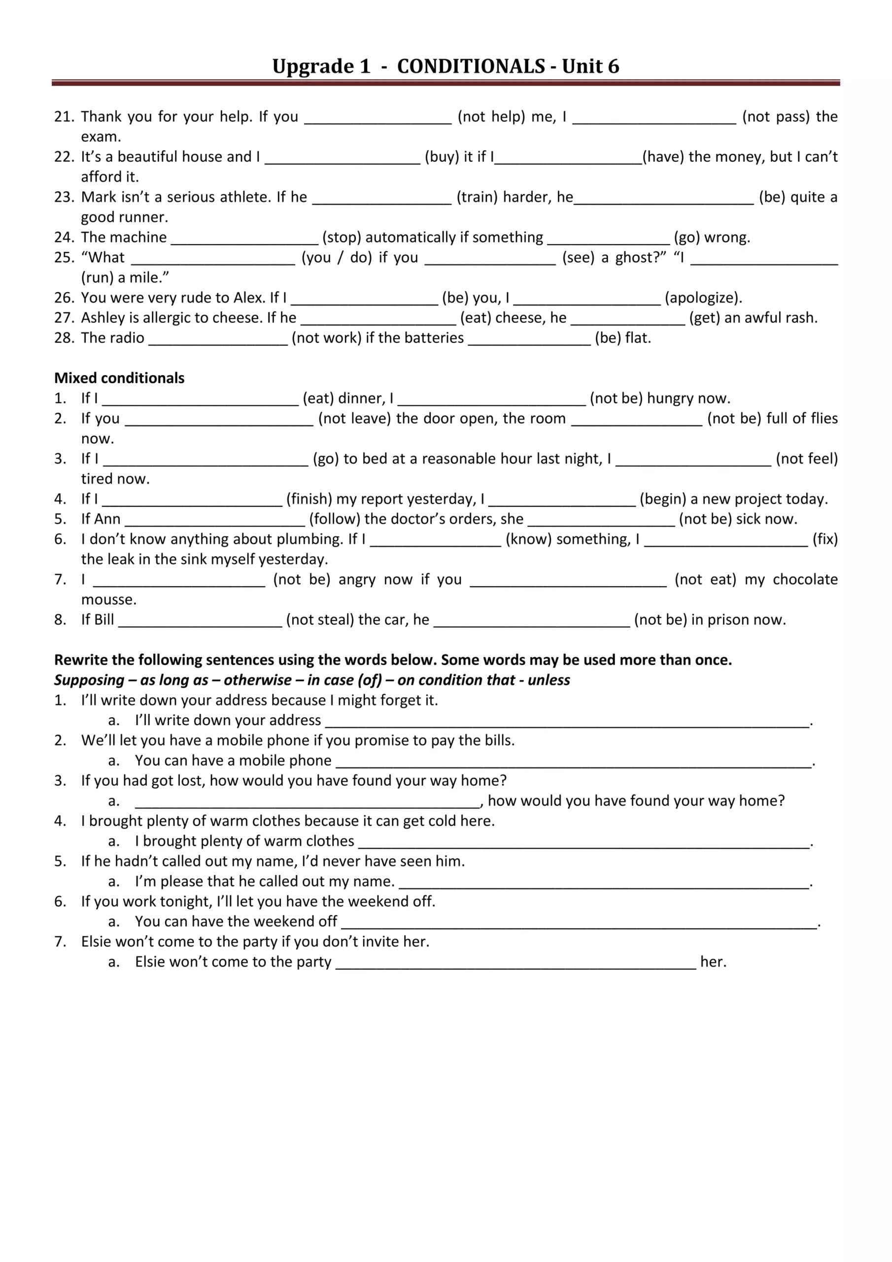mixed conditional sentences exercises pdf