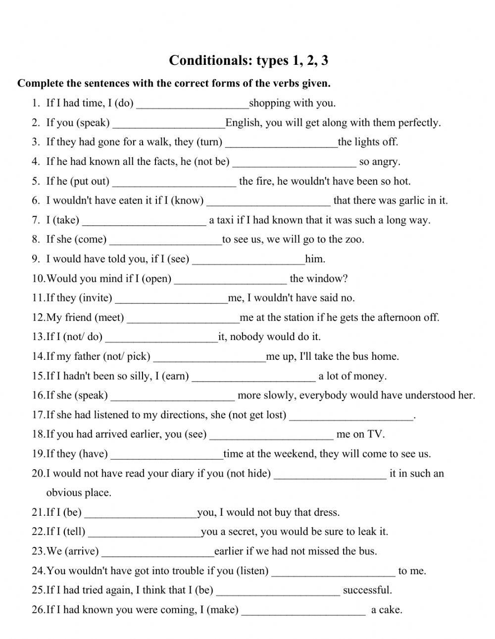 Conditional Sentences Types 1 2 3 Worksheet Artofit