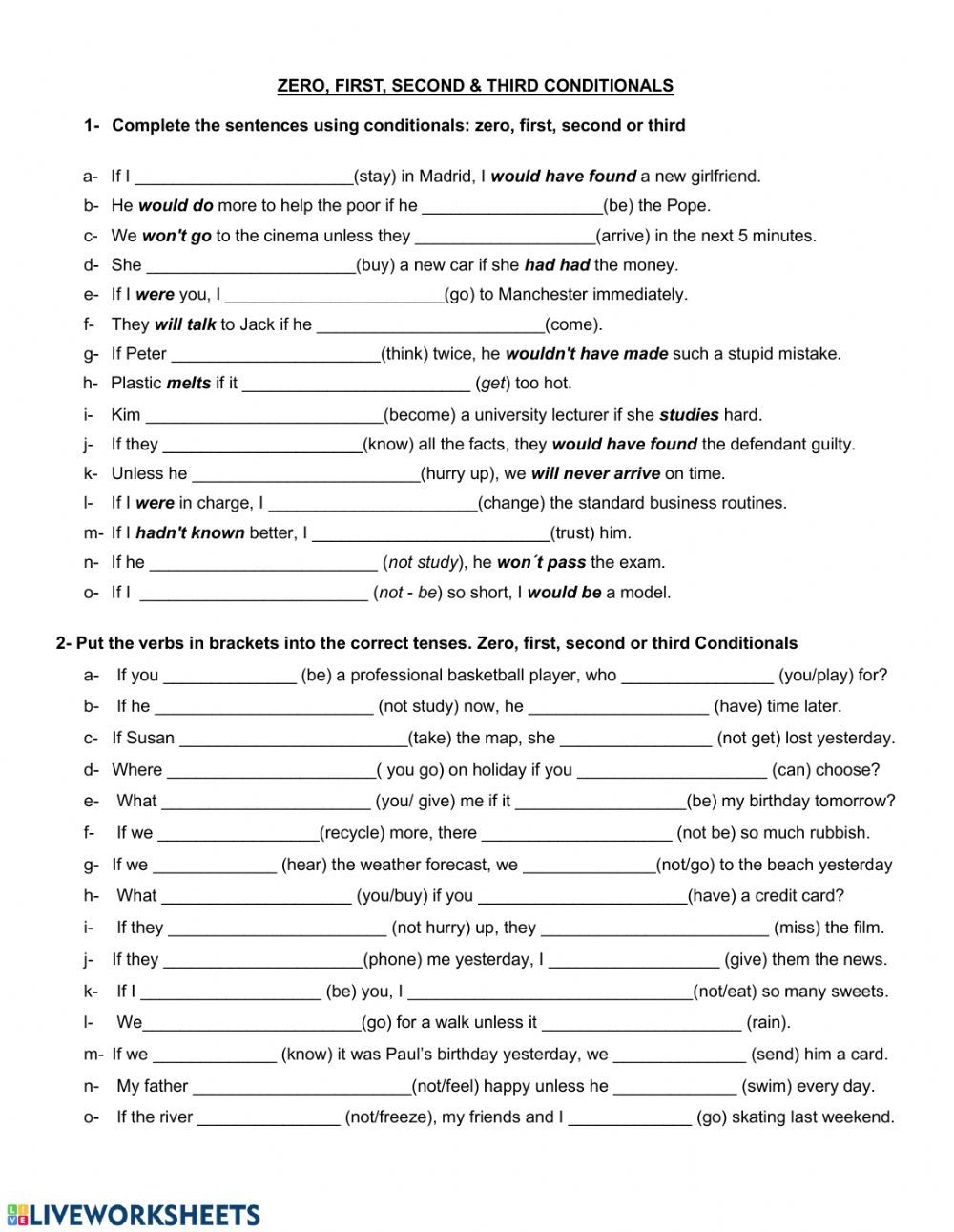 Conditional Sentences Worksheet With Answers