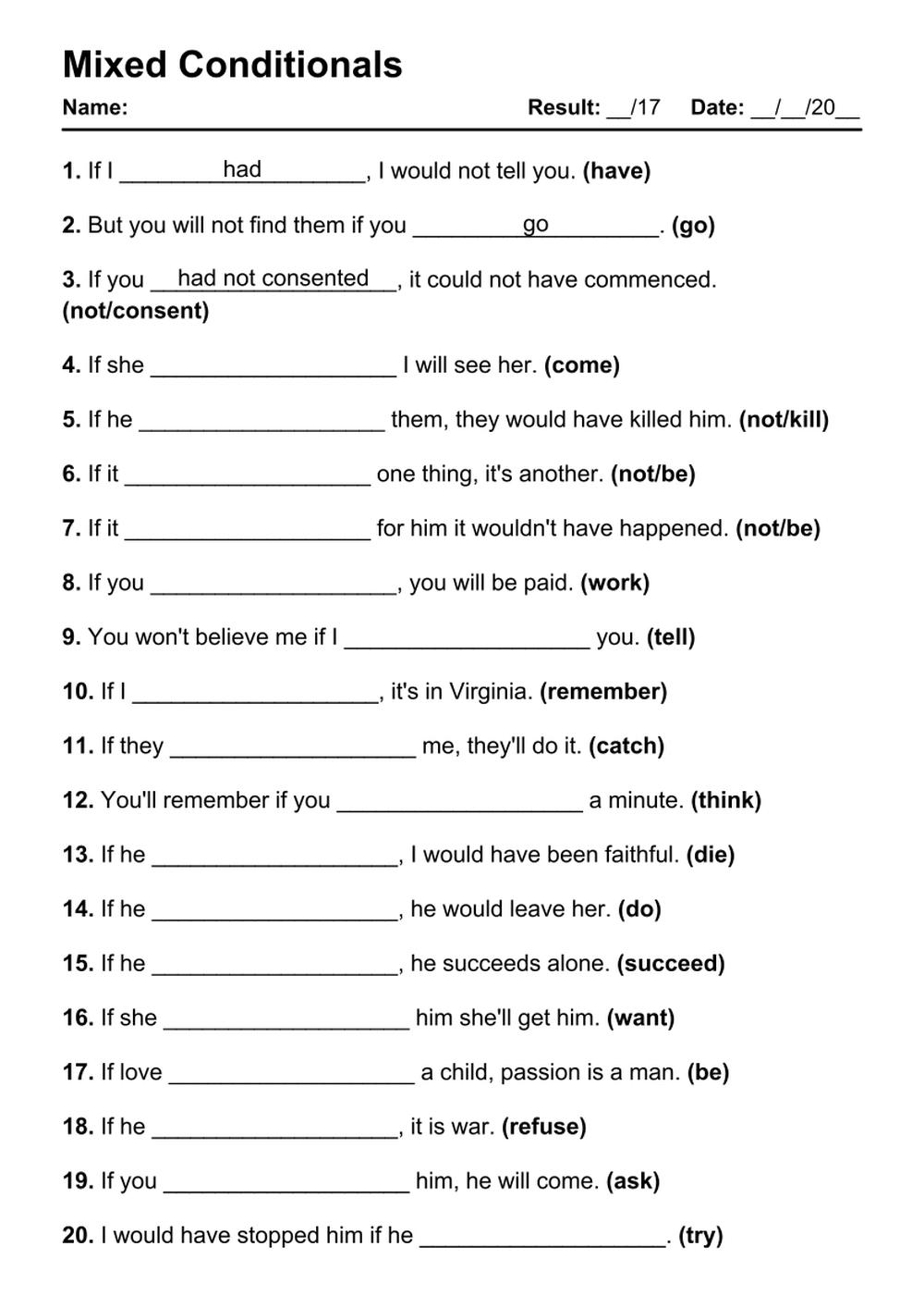 mixed conditionals exercises PDF with answers
