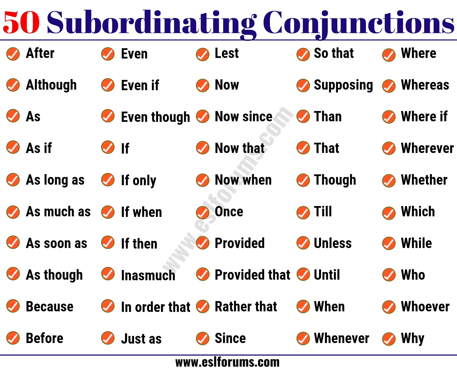 list of subordinate conjunctions