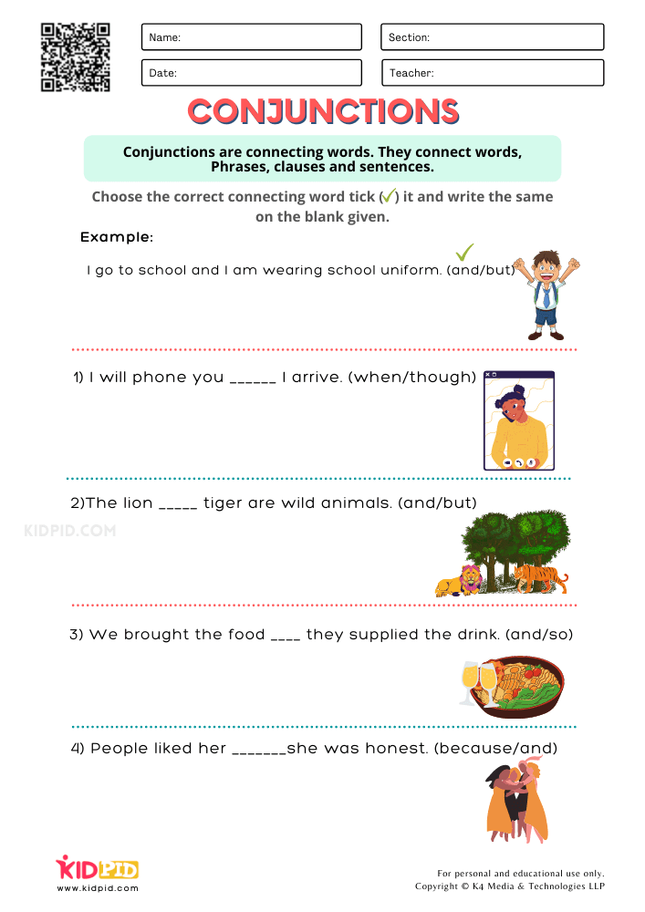 Conjunctions Printable Worksheets For Grade 1 Kidpid Worksheets Library