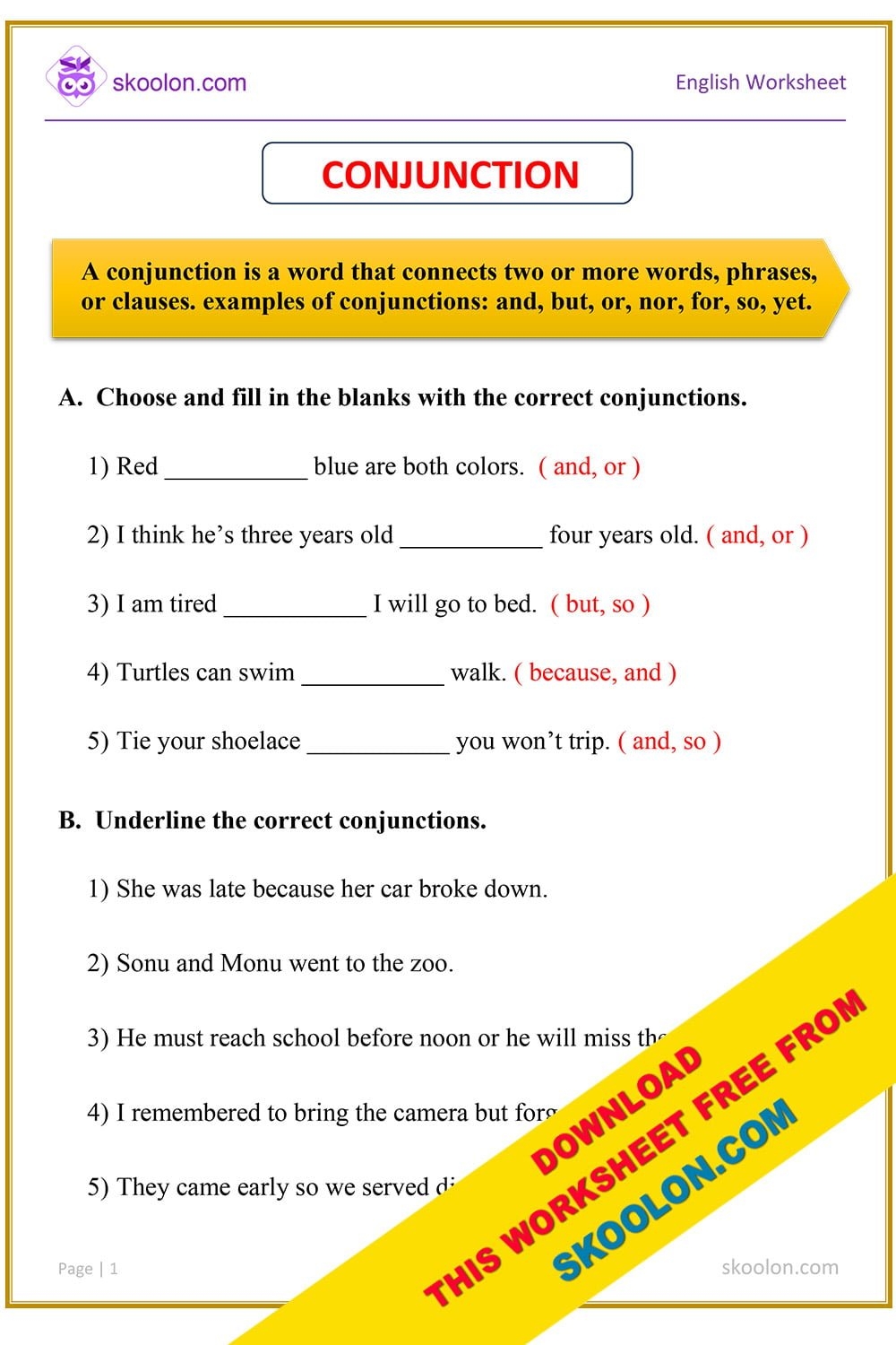 Conjunctions Worksheet 3 Skoolon Worksheets Library