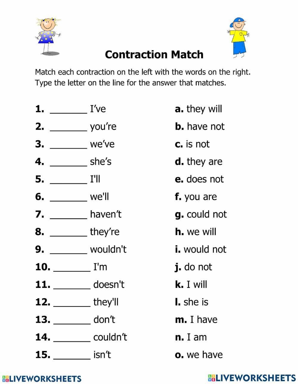 free printable worksheets for contractions