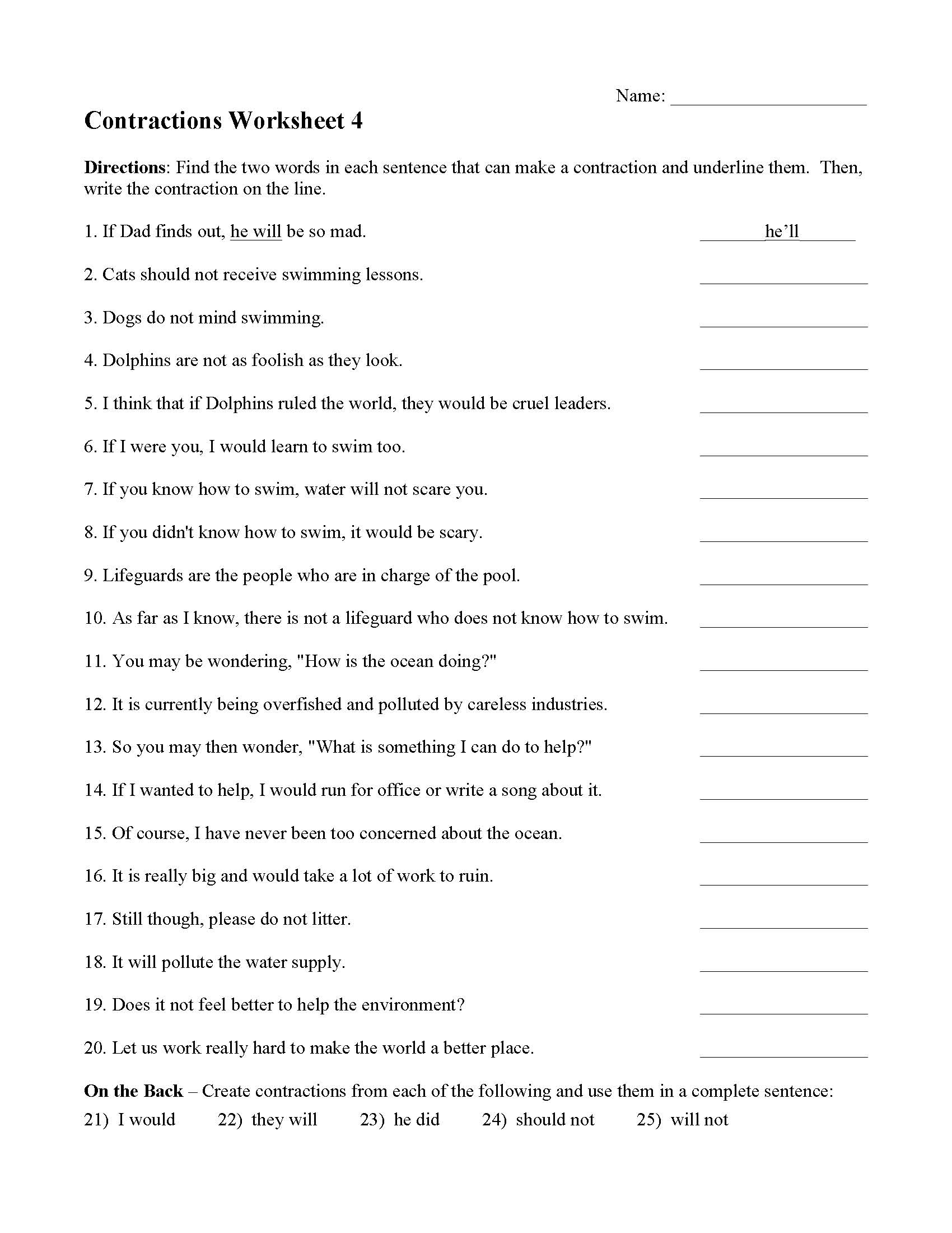 4th grade contractions worksheets