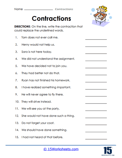 contractions worksheet for grade 6