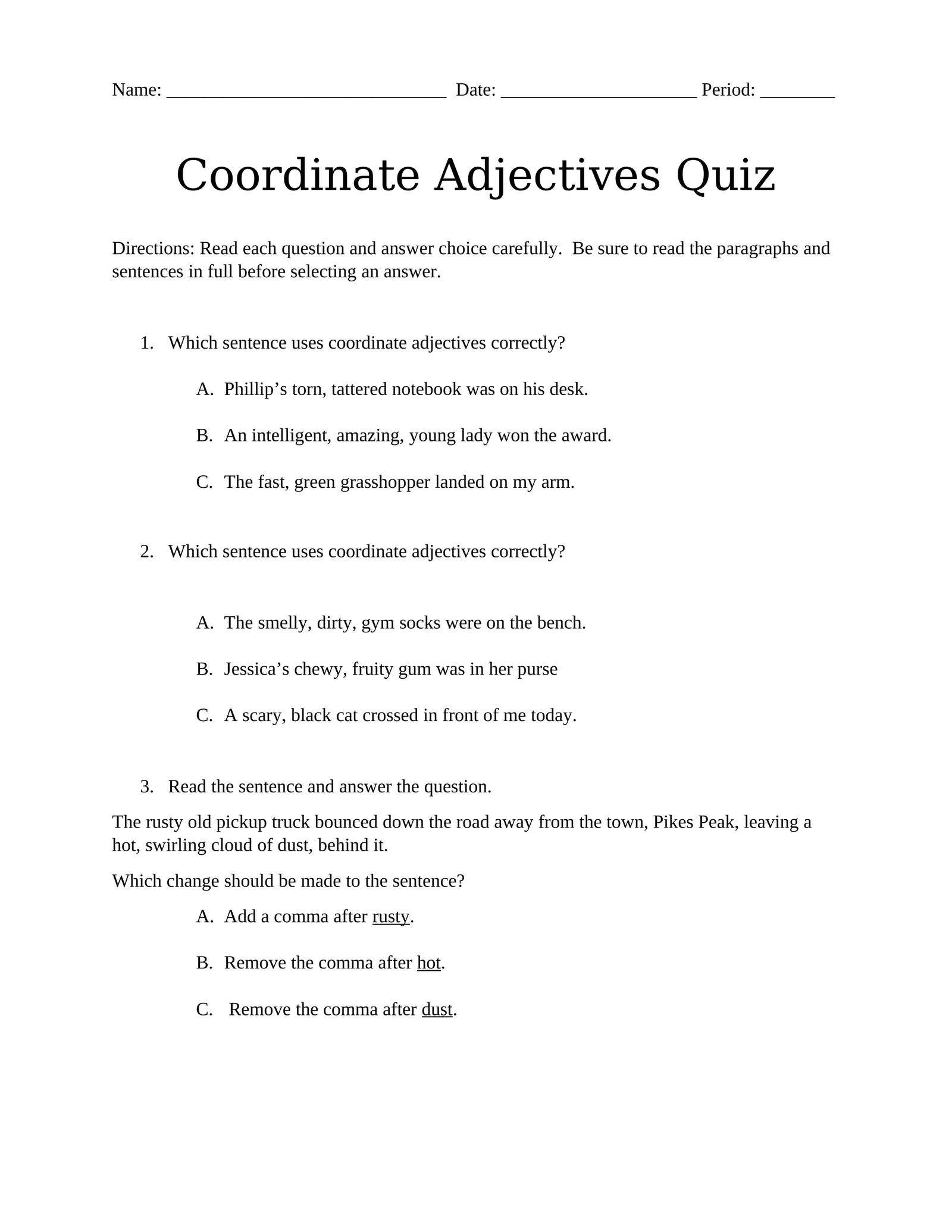 Coordinate Adjective Quiz 2 Interactive Worksheet Edform Worksheets 