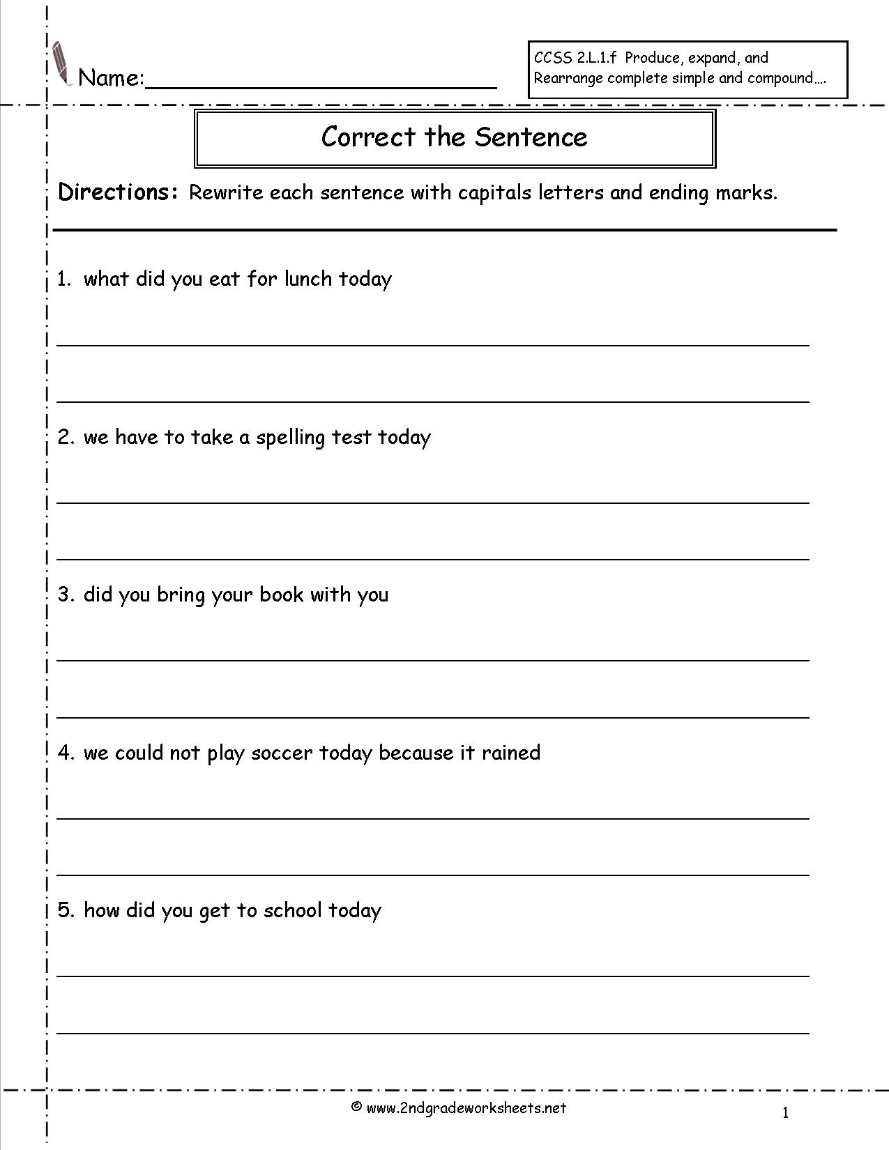Correcting Sentences Worksheet Second Grade