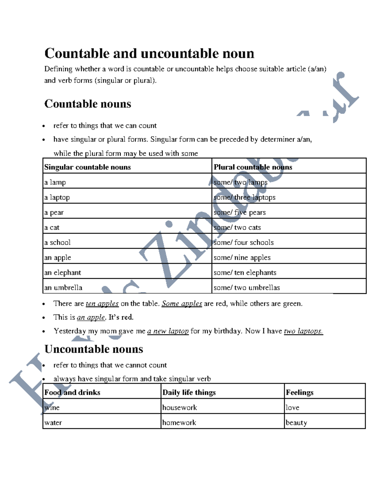 Countable And Uncountable Noun Sheet 1 Countable And Uncountable Noun 