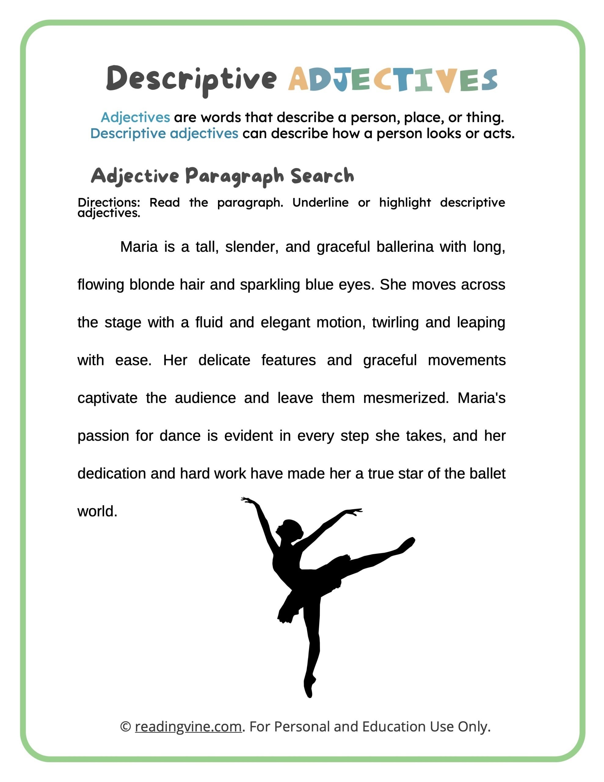 Descriptive Adjectives Worksheets ReadingVine