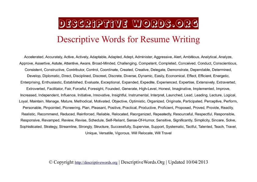 Descriptive Words List Of Adjectives For Resumes Self Descriptive