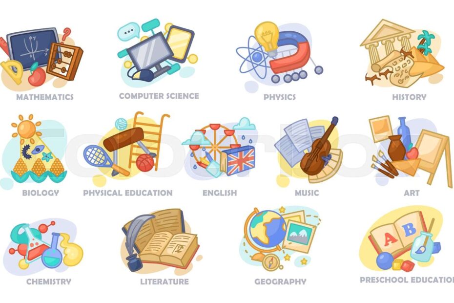 Different School Subjects Vector Illustrations Set Stock Vector