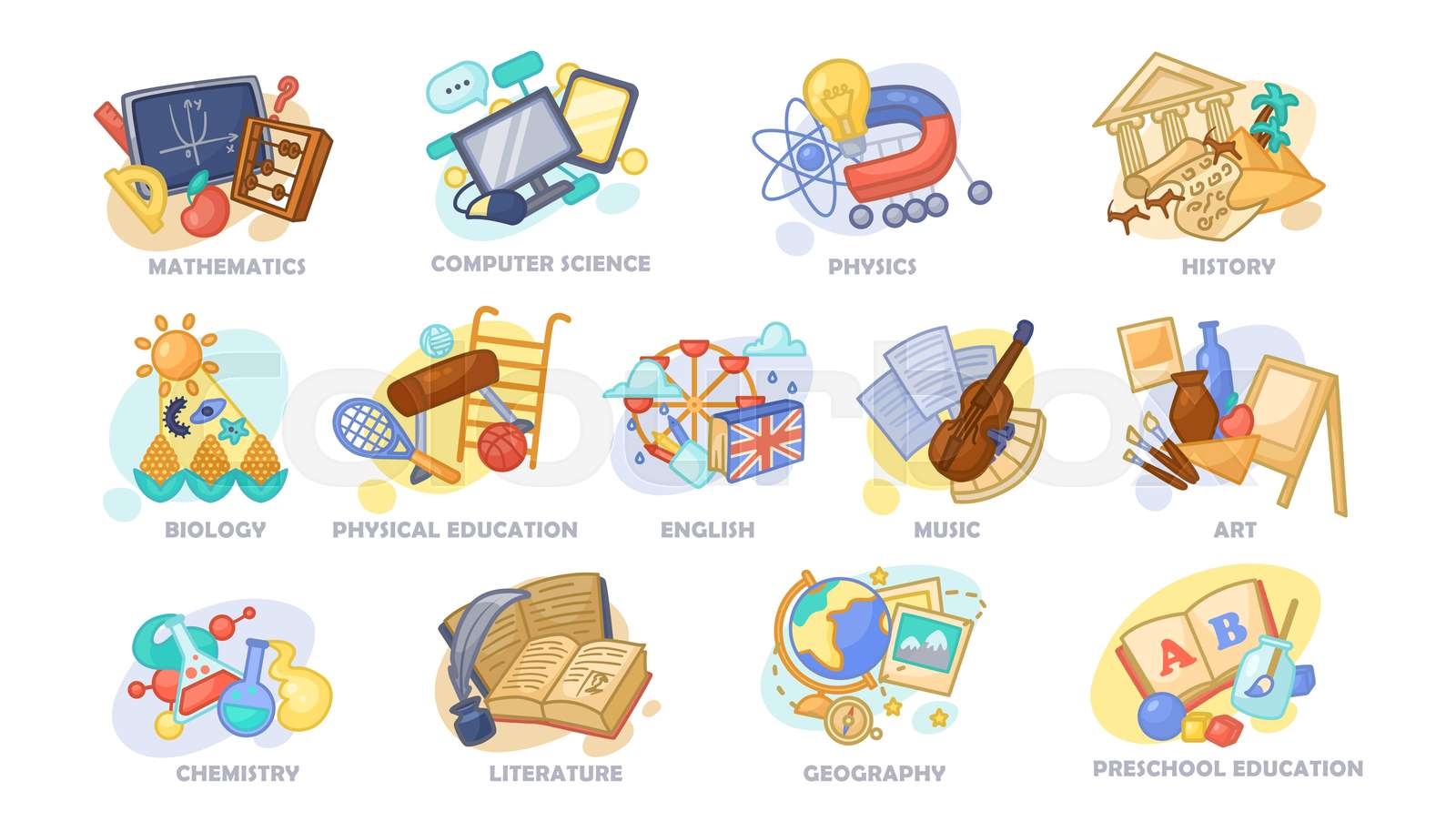 Different School Subjects Vector Illustrations Set Stock Vector 