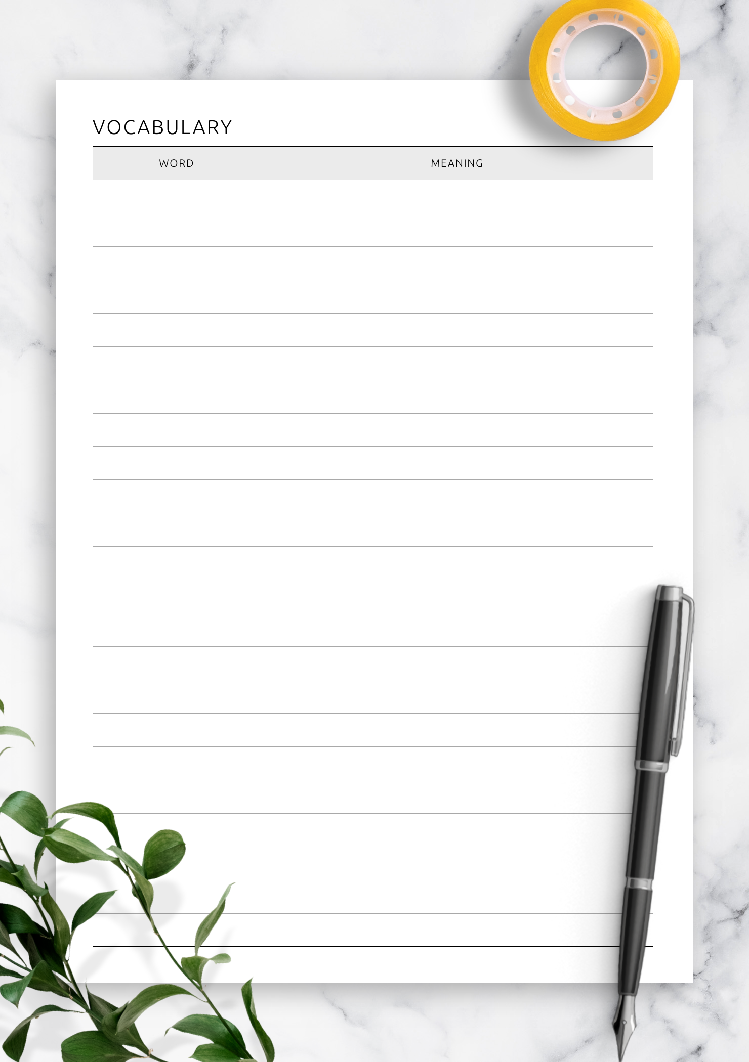 Download Printable Vocabulary Definitions Template PDF