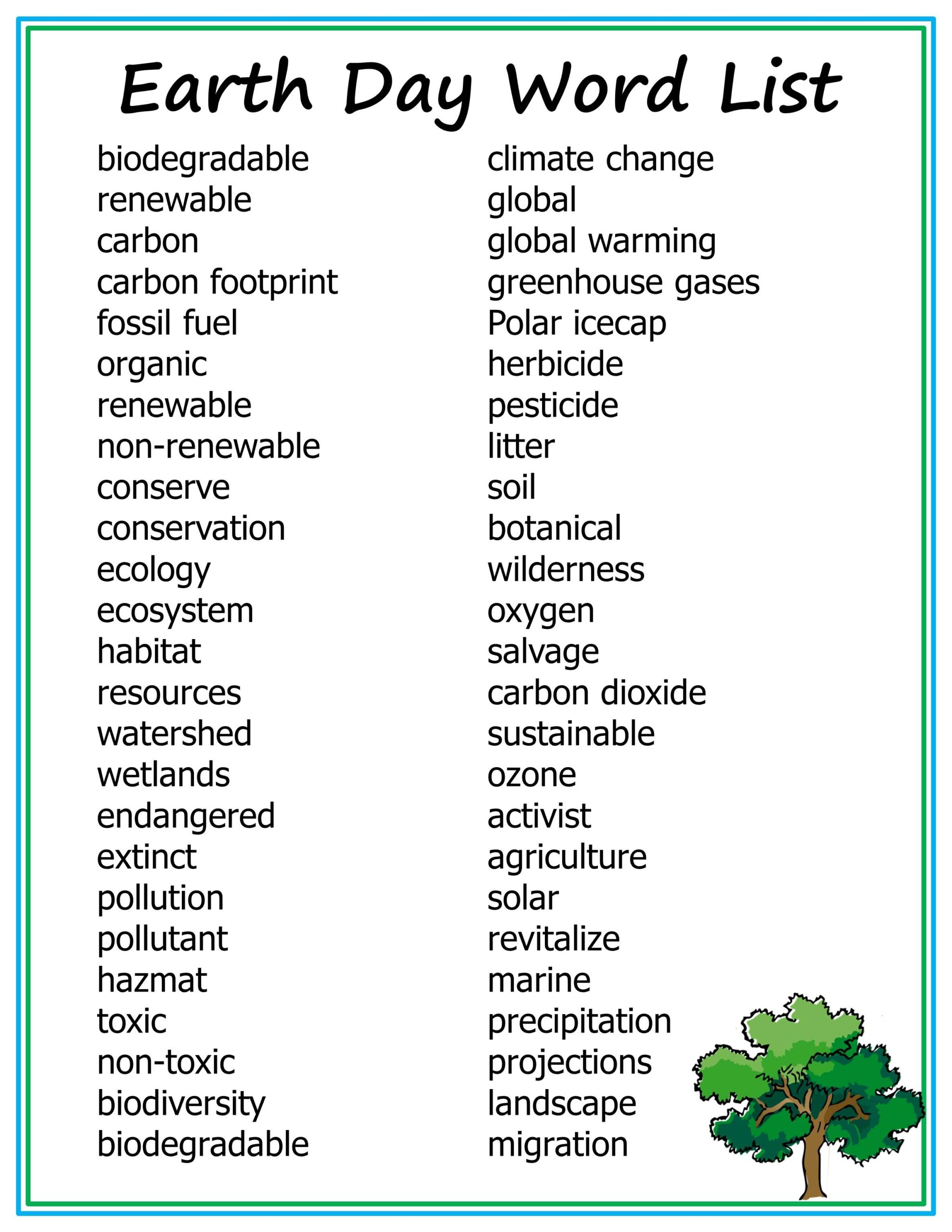Earth Day Vocabulary List With Lesson Activity Ideas